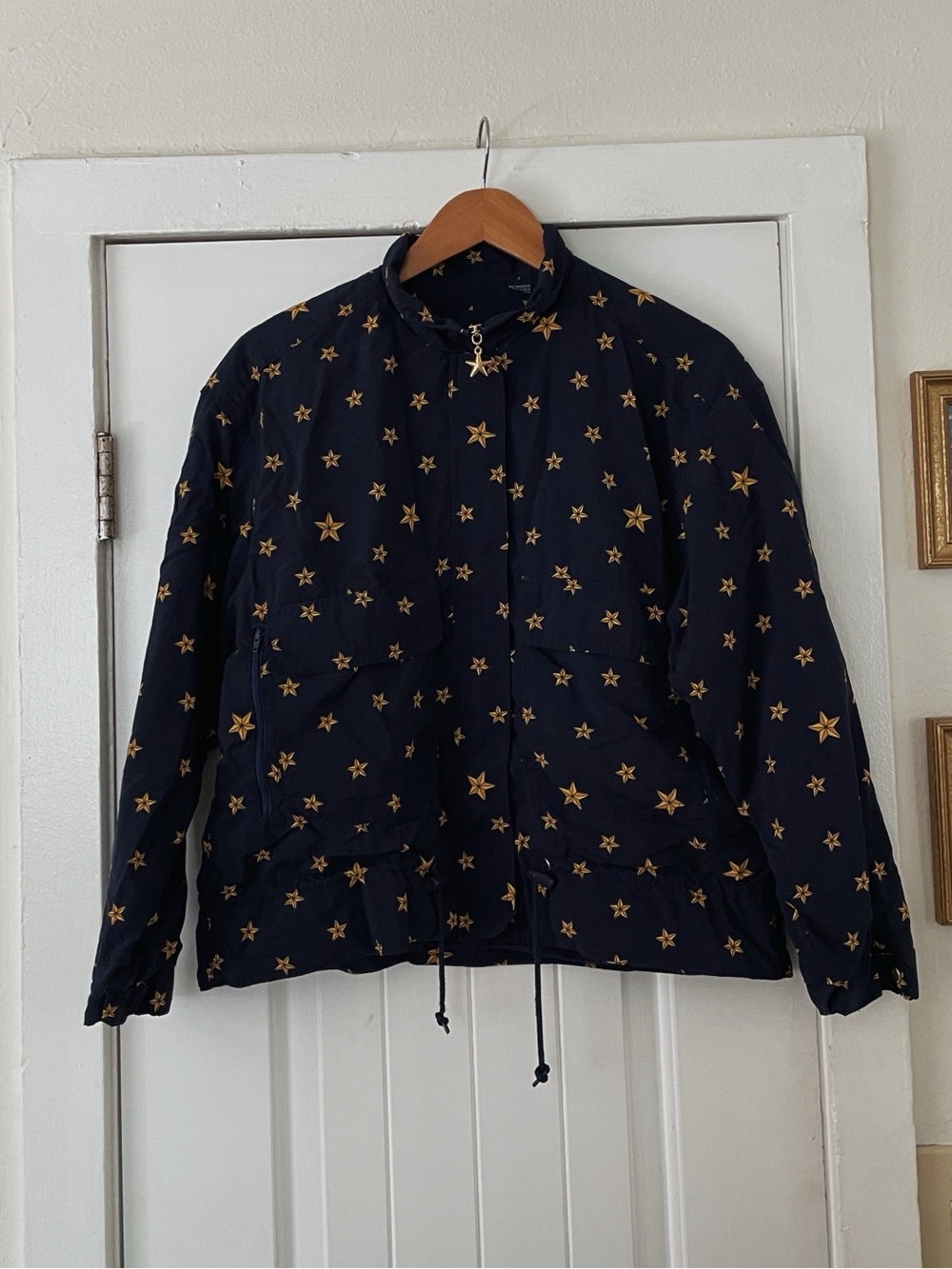 Lizsport Women's Y2K Navy Yellow Star Print Vintage Windbreaker Jacket Size S